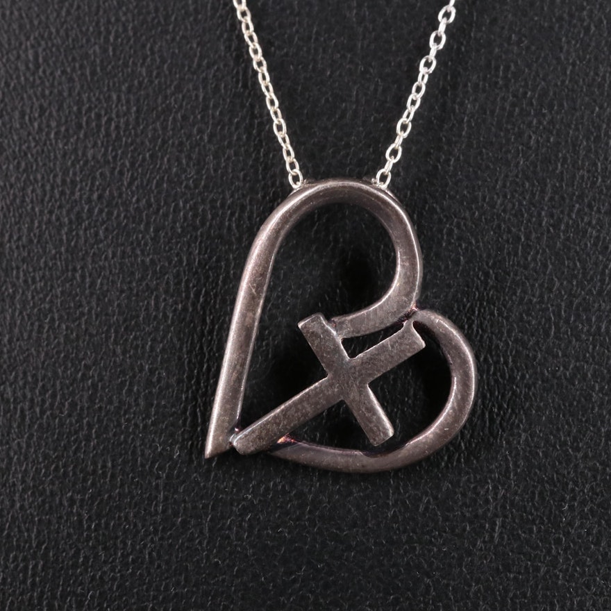 Sterling Cross Inside Heart Pendant Necklace