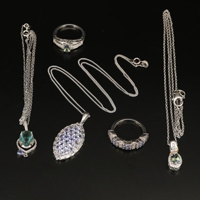 Sterling Tanzanite, White Zircon and Fluorite Pendant Necklaces and Rings