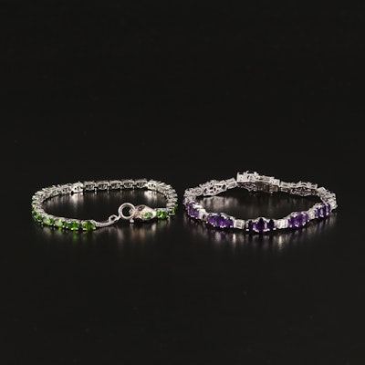 Pairing of Line Bracelets Featuring Amethyst, Topaz and Diopside in Sterling