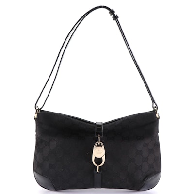 Gucci Slim Shoulder Bag in Black GG Canvas and Patent Leather Trim