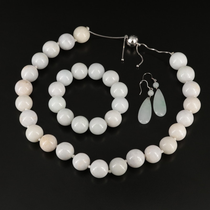 Sterling Jadeite Necklace, Bracelet and Earrings