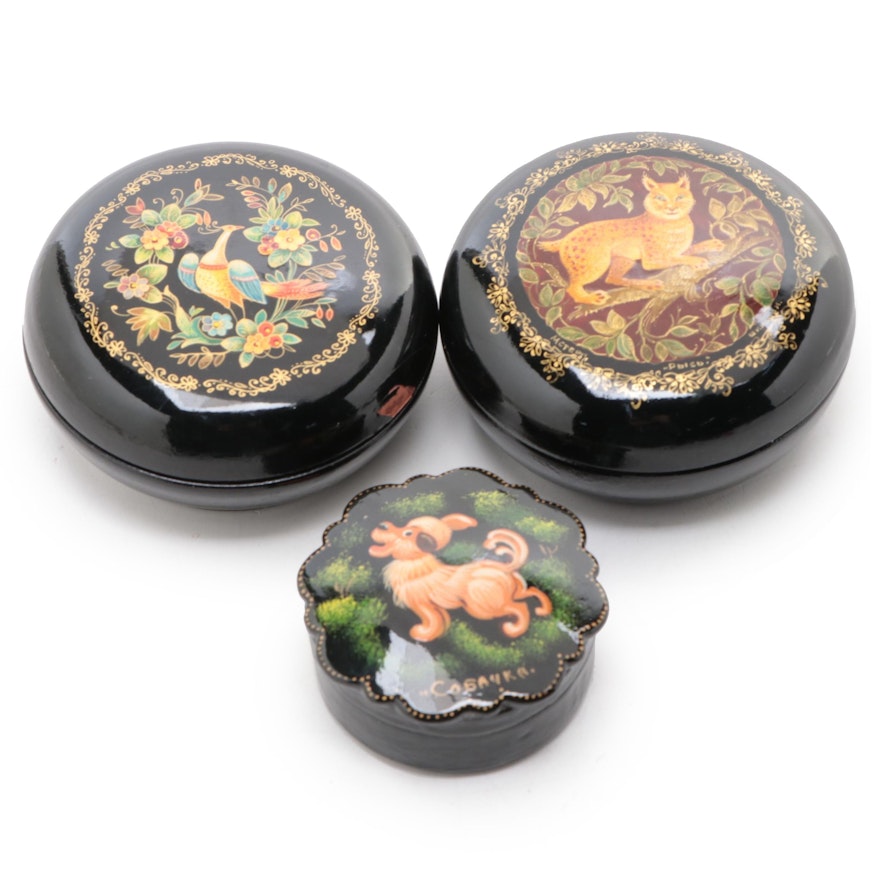Russian "Lynx", "Peacock" and "Dog" Hand-Painted Lacquer Boxes