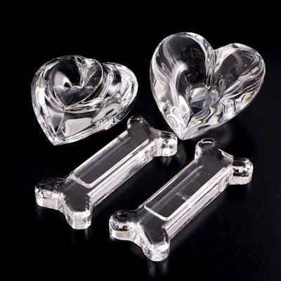 Steuben Art Glass Dog Bone and Heart Paperweights with Trinket Dish