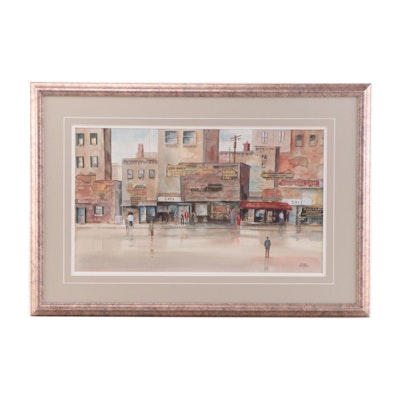 Sandy Beamer Street Scene Watercolor Painting With Collage