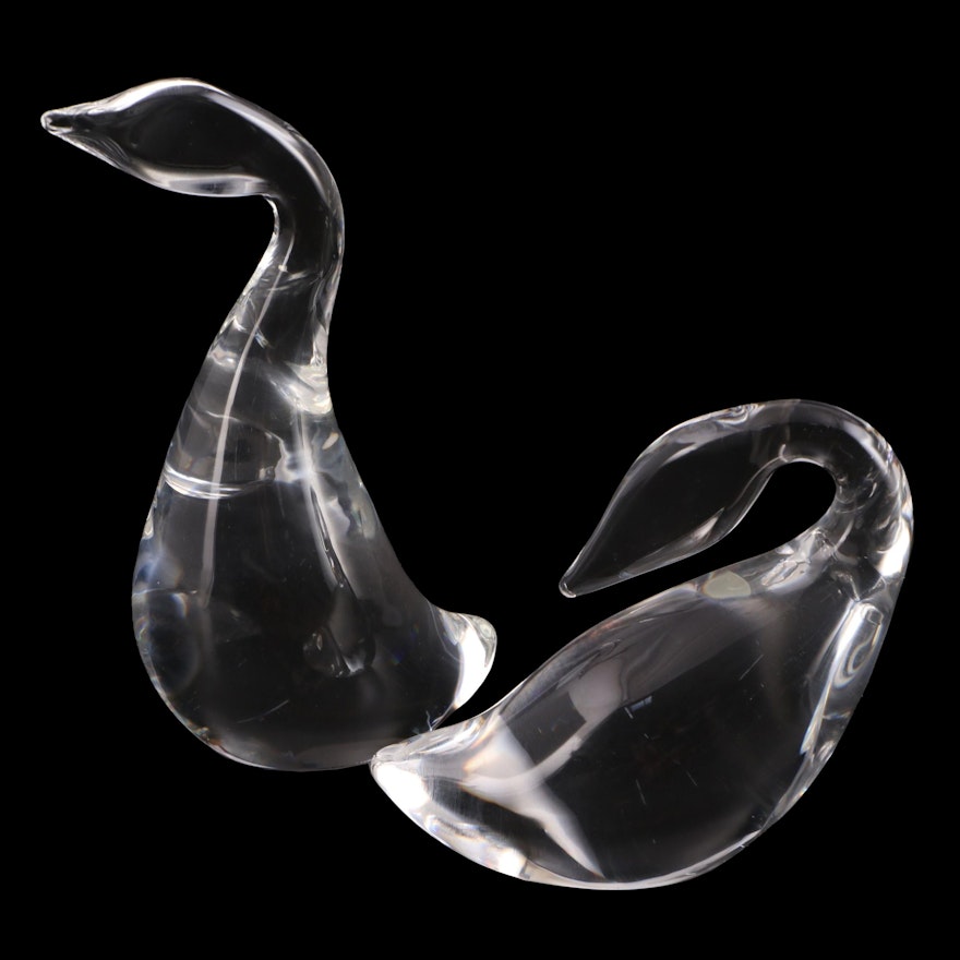 Steuben Art Glass "Preening Goose" and "Gander" Figurines by Lloyd Atkins