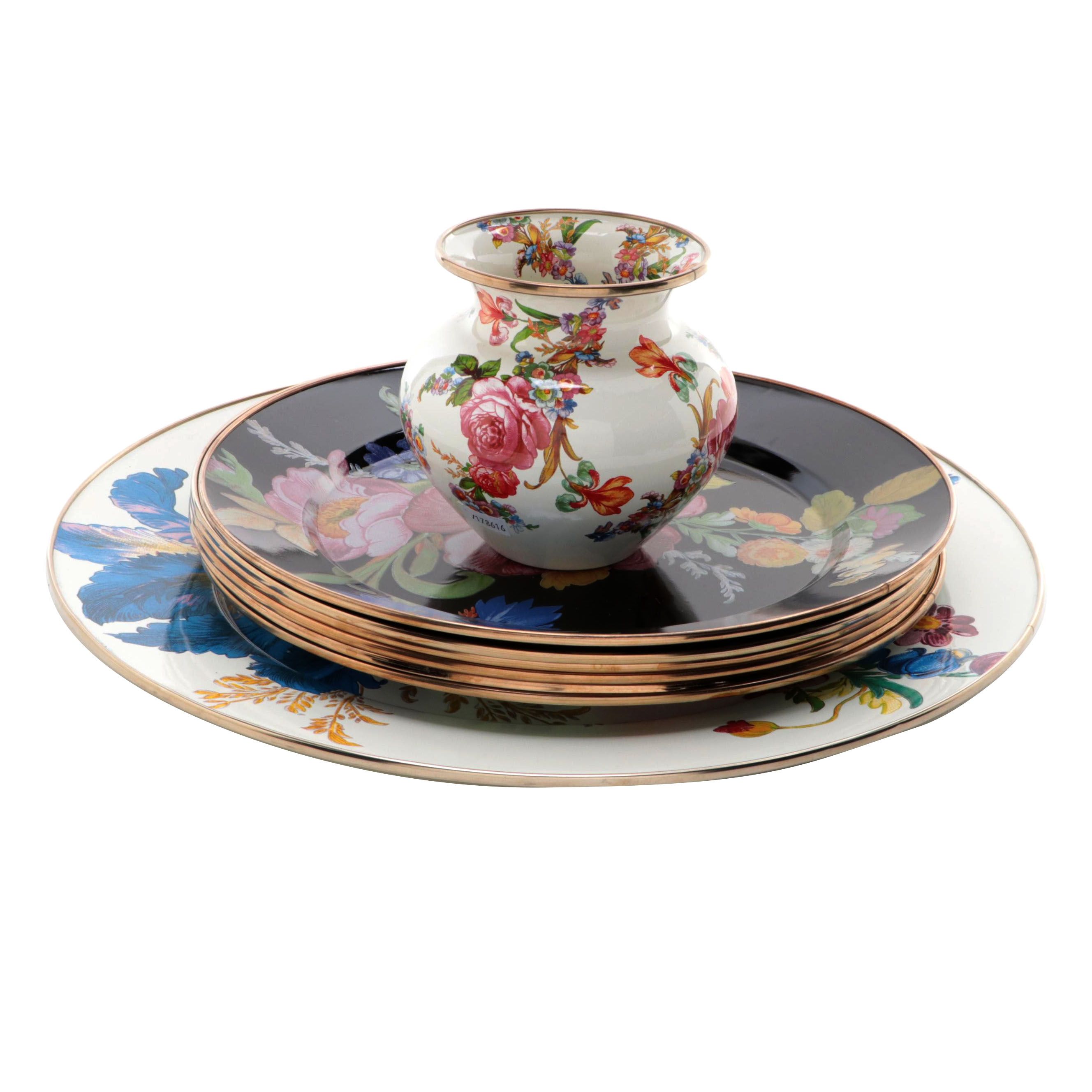 MacKenzieChilds Enameled Metal "Flower Market" Vase and Dinnerware EBTH