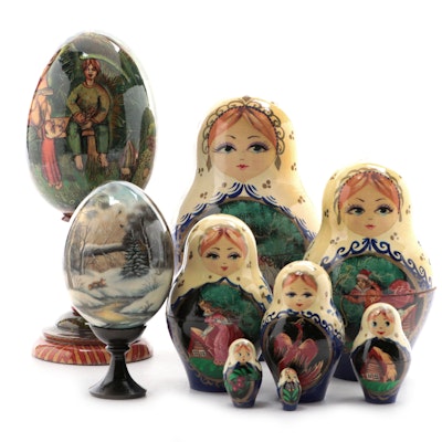 Artist Signed Russian Matryoshka Doll and Eggs on Stands
