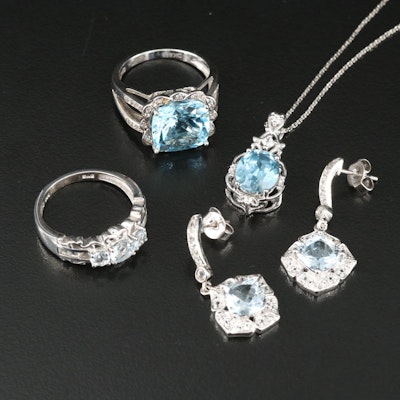 Sterling Sky Blue Topaz, White Zircon and Aquamarine Jewelry Grouping