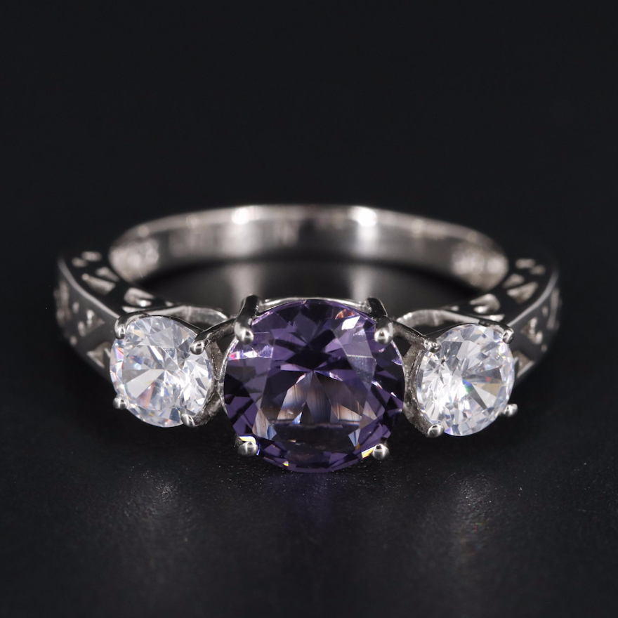 Sterling Amethyst and Cubic Zirconia Side Stone Ring