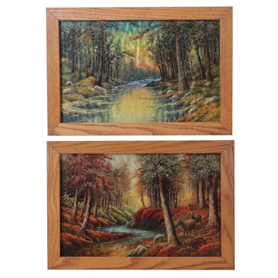 Painted and Embroidered Silk Forest Creek Scene Wall Hangings