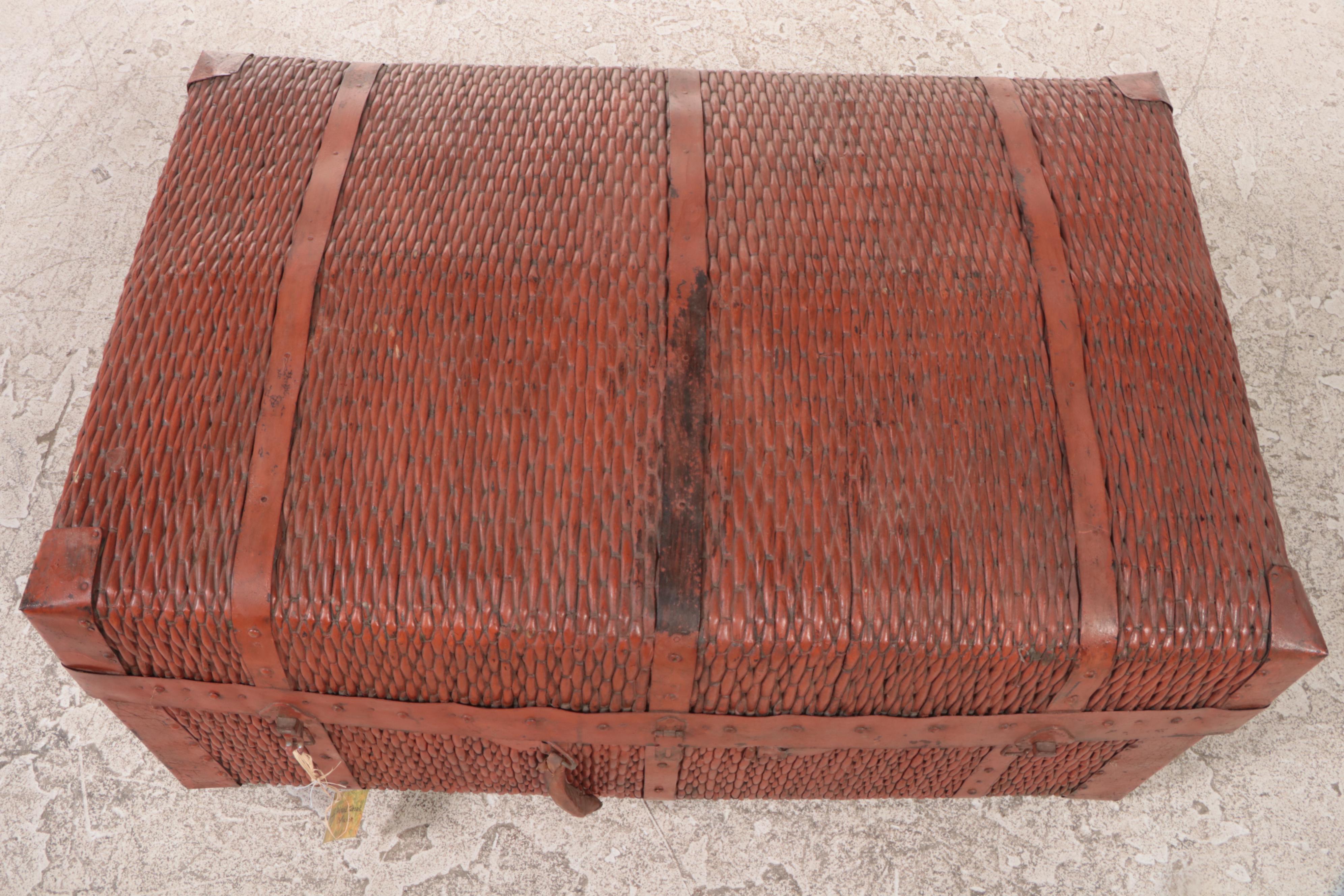 Chinese MetalBound Painted Wicker Clothing Storage Trunk, Early 20th C