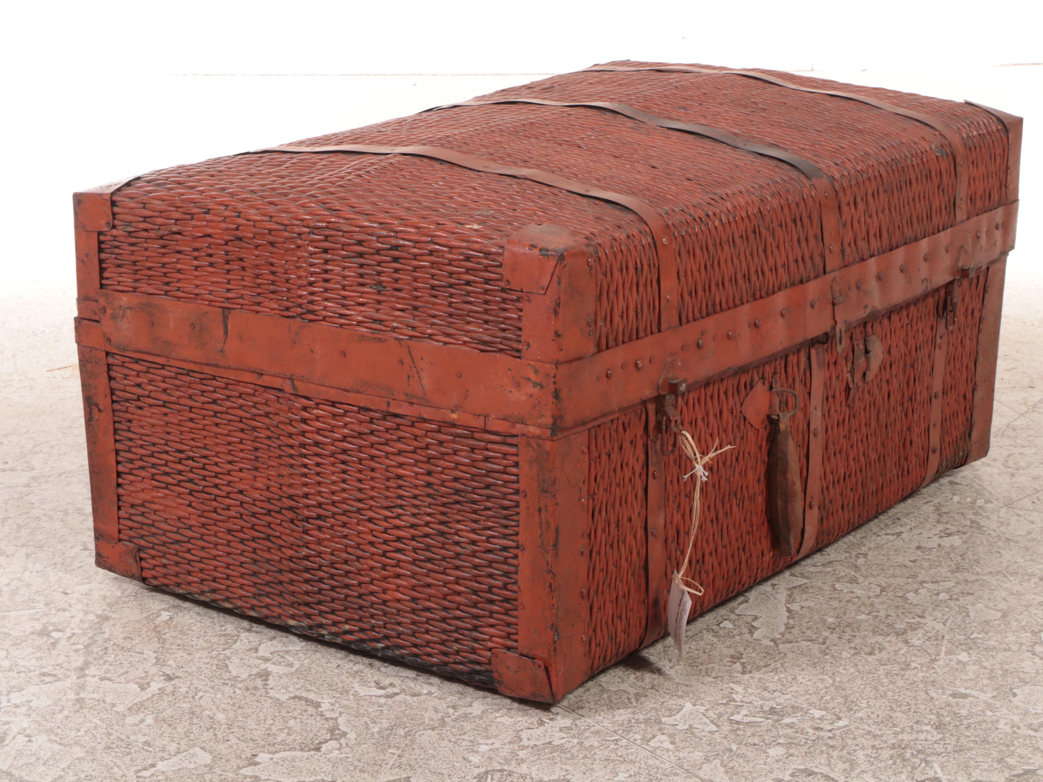 Chinese MetalBound Painted Wicker Clothing Storage Trunk, Early 20th C