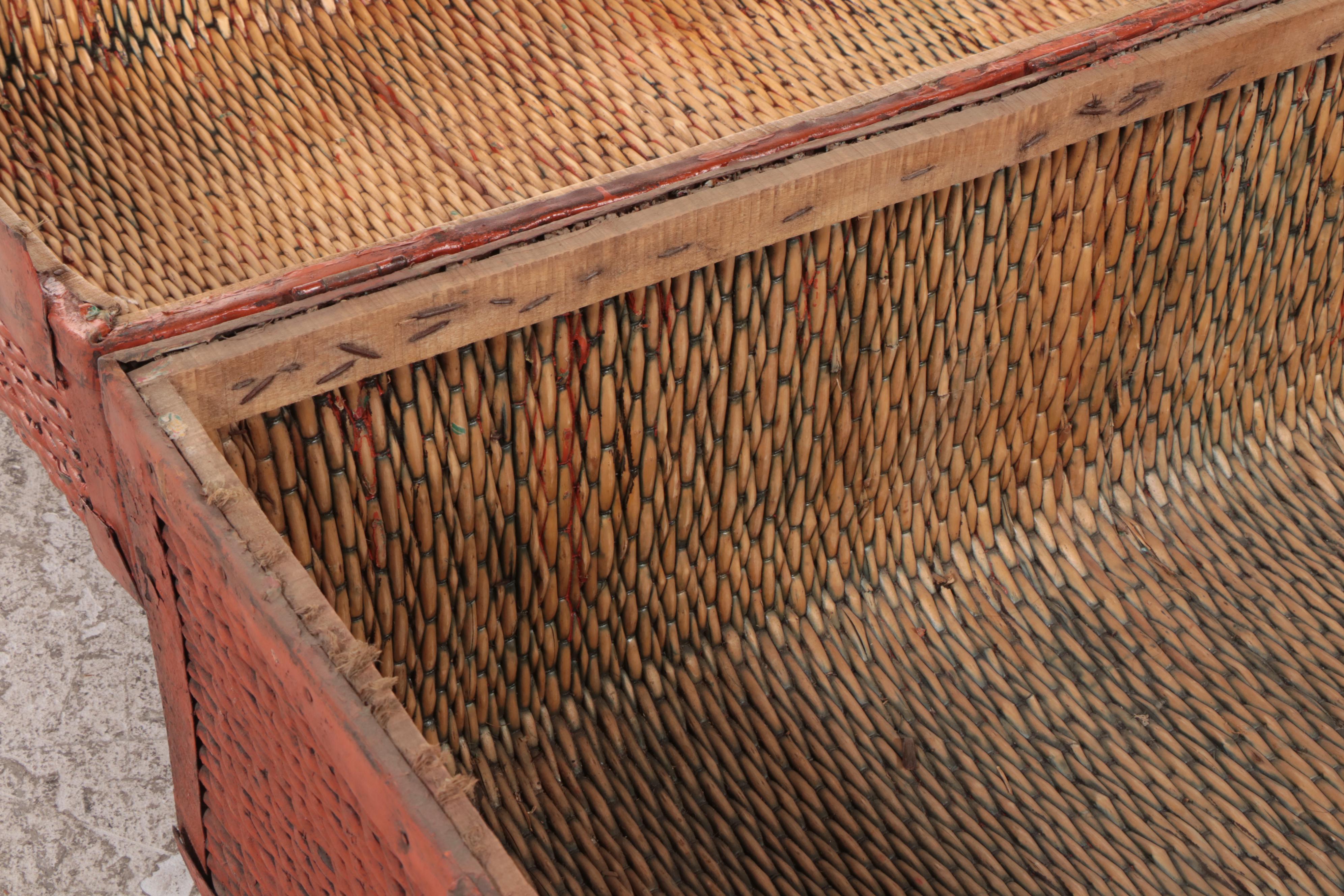 Chinese MetalBound Painted Wicker Clothing Storage Trunk, Early 20th C