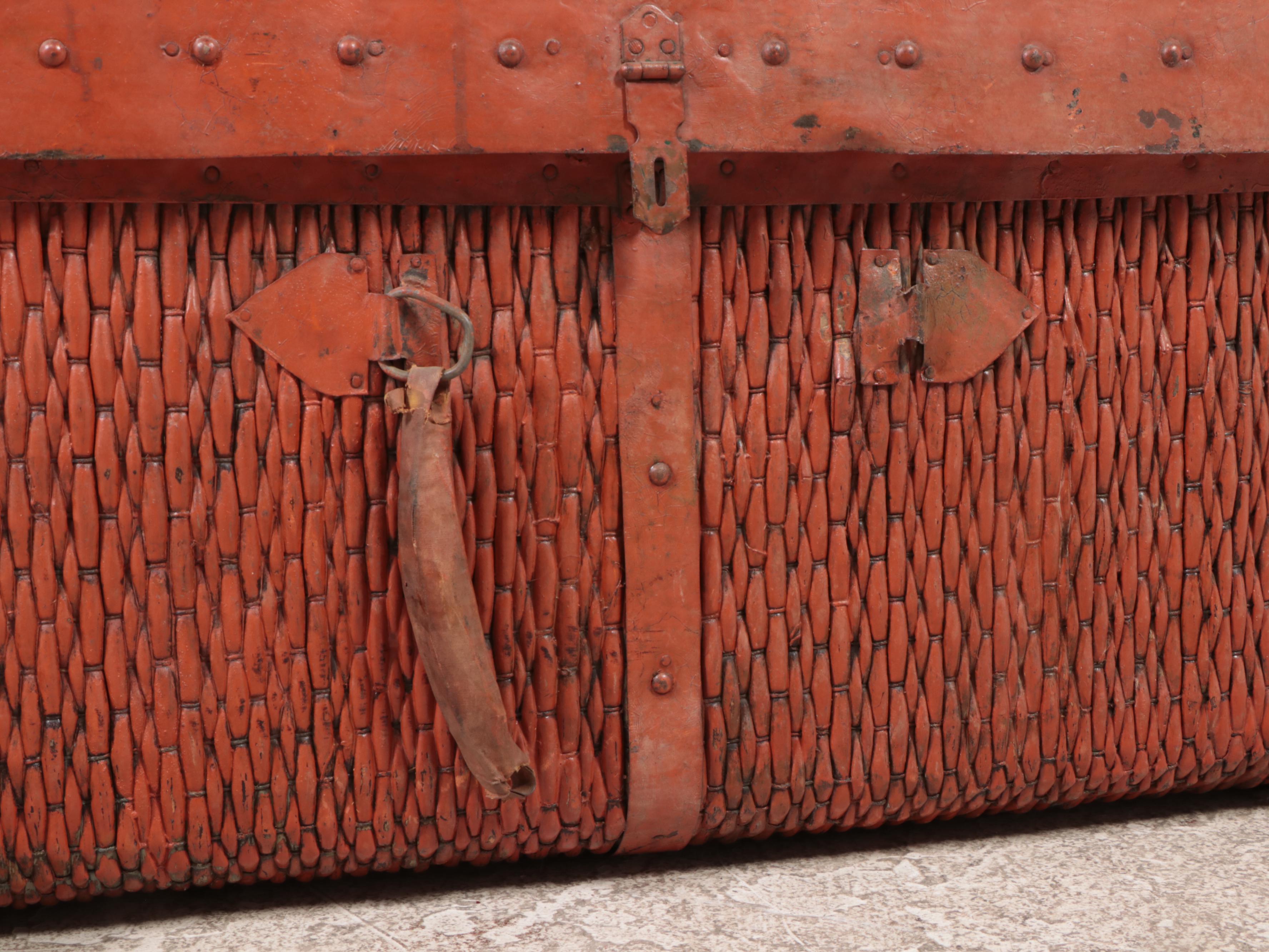 Chinese MetalBound Painted Wicker Clothing Storage Trunk, Early 20th C