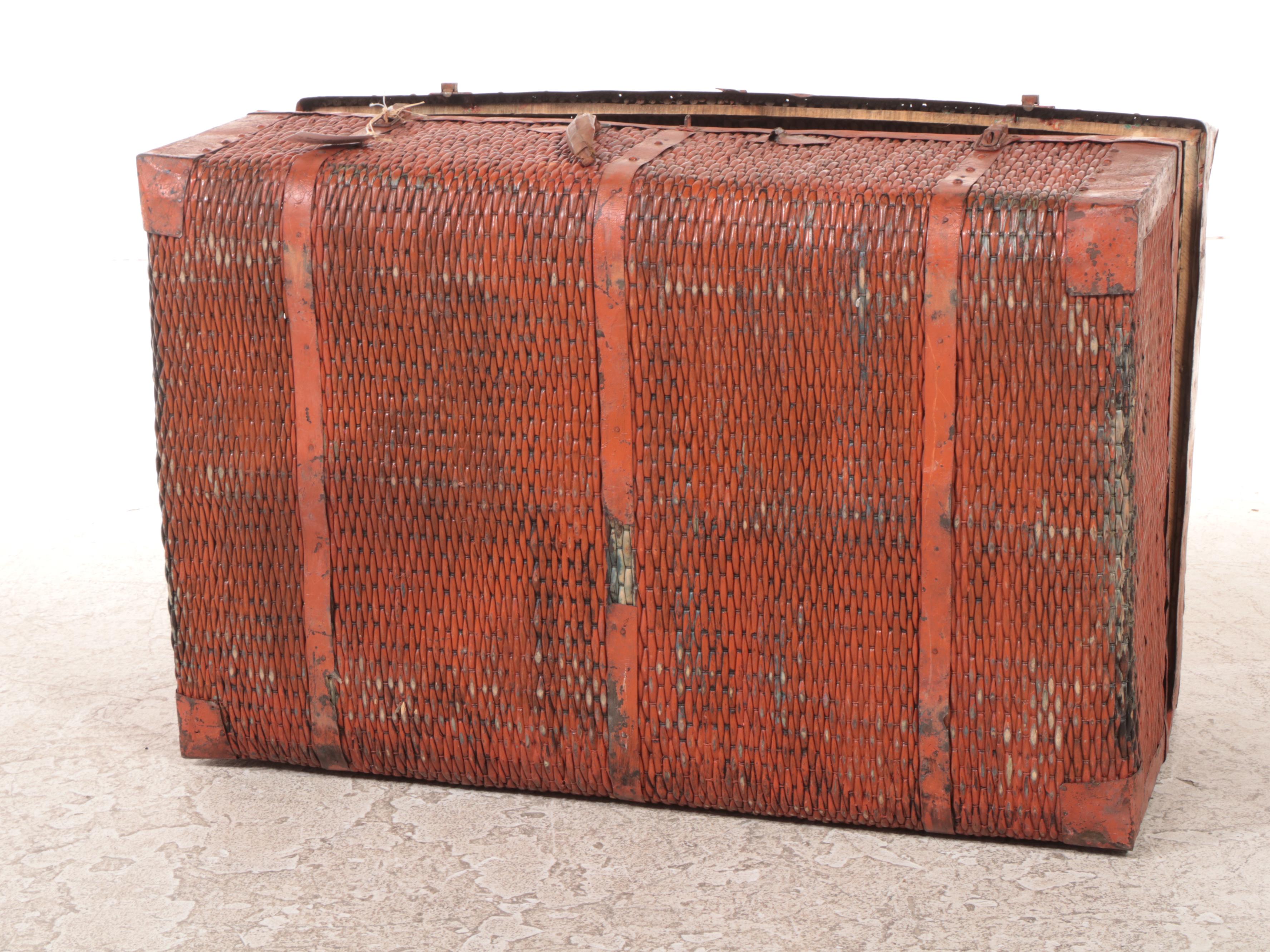 Chinese MetalBound Painted Wicker Clothing Storage Trunk, Early 20th C