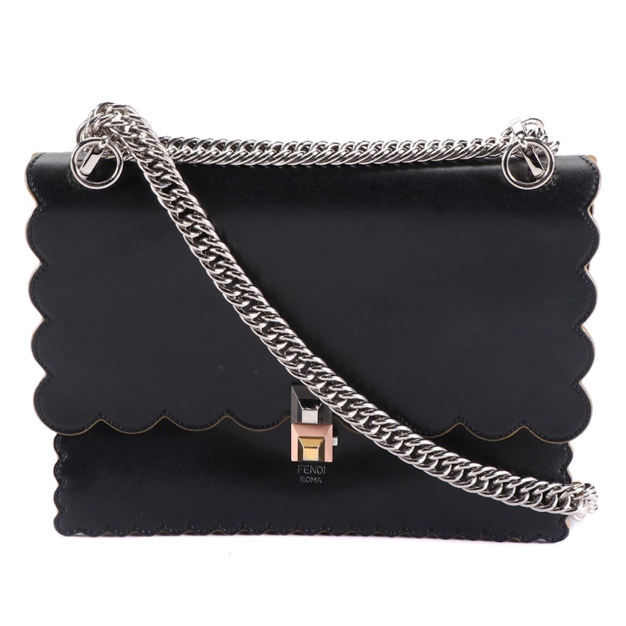 Fendi Kan I Top-Handle Shoulder Bag in Black Leather w/Scalloped Edges