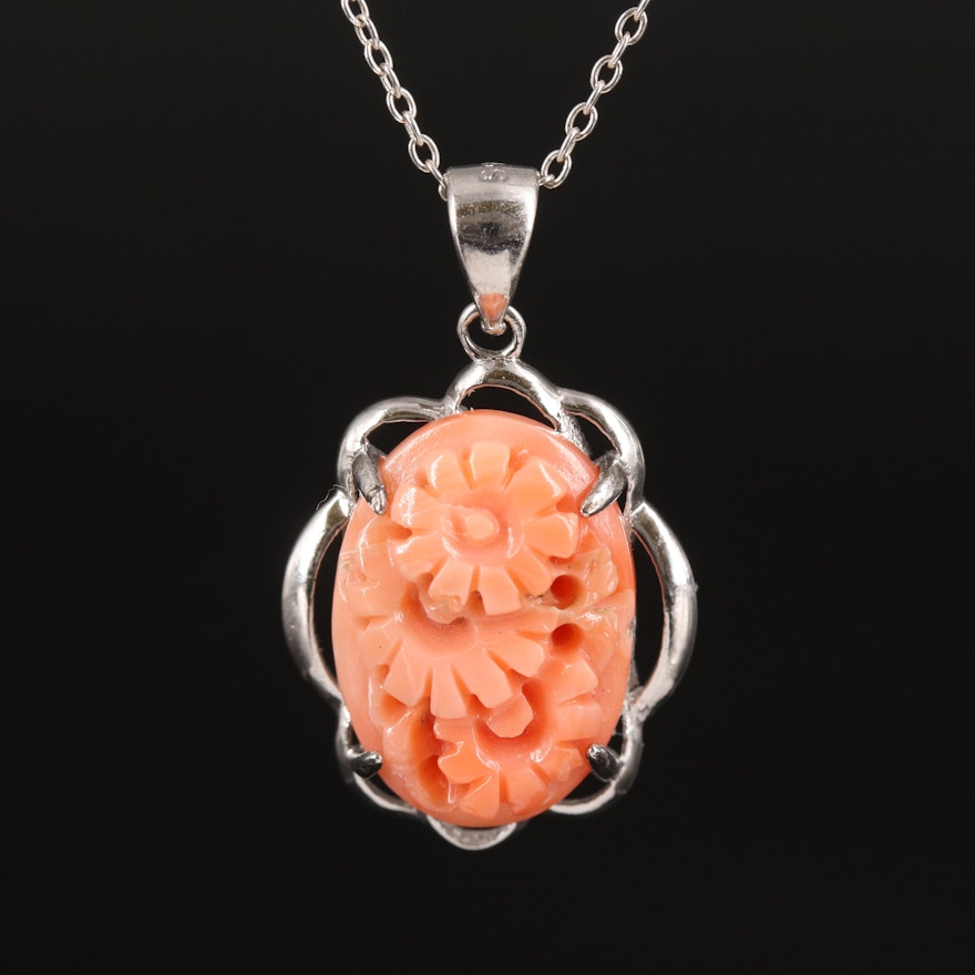 Sterling Coral Flower Pendant Necklace