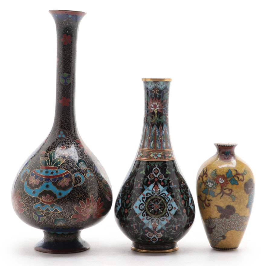 Chinese Cloisonne Enamel on Brass Vases With Cloisonne on Earthenware Vase