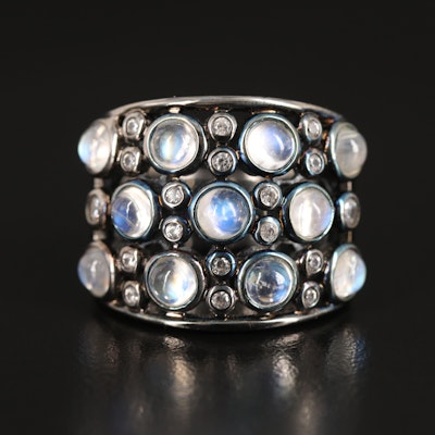 Rainbow Moonstone and Zircon Band in Sterling