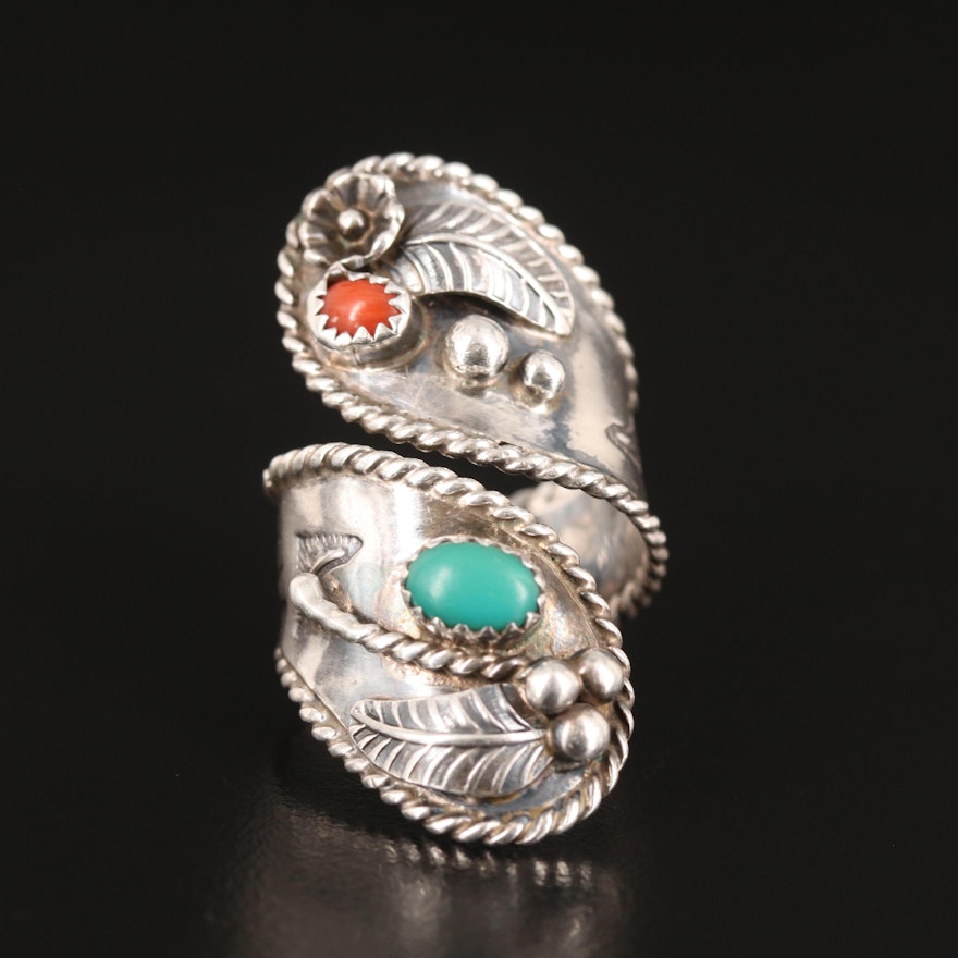 Southwestern Coral and Turquoise Bypass Ring in Sterling