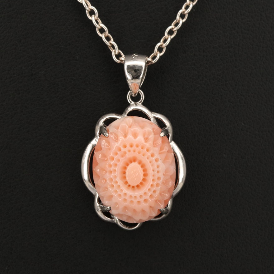 Sterling Carved Coral Pendant Necklace