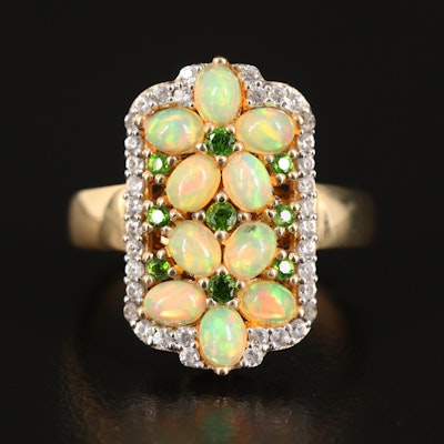 Opal Double Flower Ring with Diopside Accents and White Zircon Halo