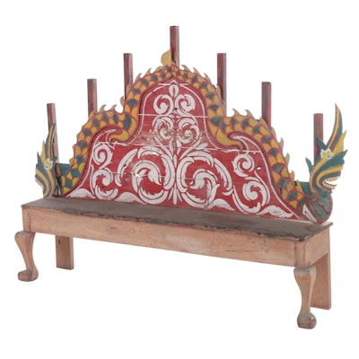 Thai Paint-Decorated Teak Bench, Mid-20th Century