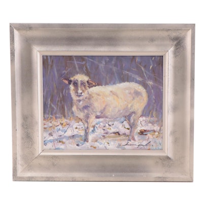 Susan Grier Oil Painting of Sheep in Snow, 21st Century