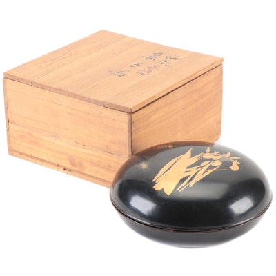 Japanese Lacquerware Round Box with Silk Wrap and Wood Gift Box, Late Meiji
