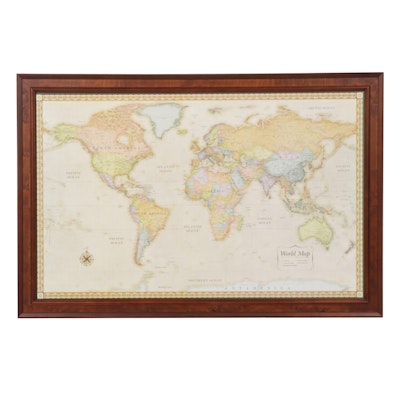 Magnetic World Map Offset Lithograph Wall Hanging, 21st Century