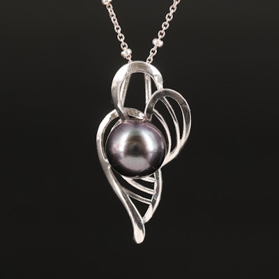 Pearl Pendant on Bead Station Necklace in Sterling