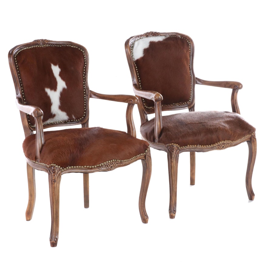 Pair of Louis XV Style Brass-Tacked Cowhide Upholstered Fauteuils, Mid-20th C.