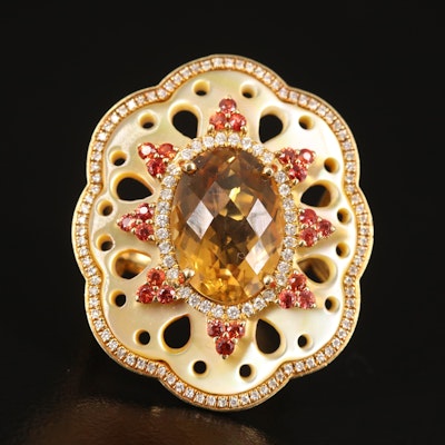 18K Citrine and Shell Ring with Diamond Halo and Sapphire Accents