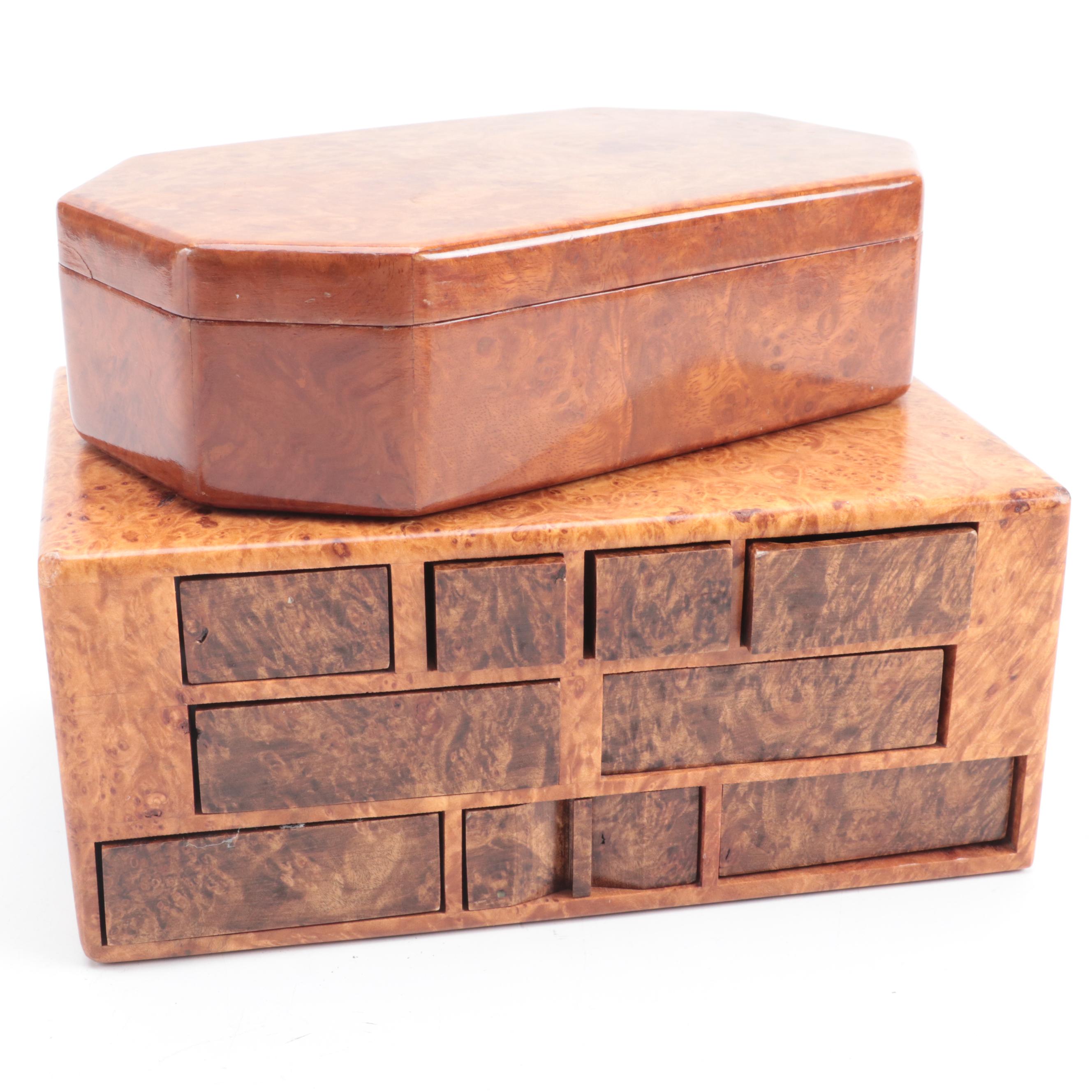 Jeff Vollmer Burl Wood "Puzzle" Jewelry Box with Other Lacquered Burl