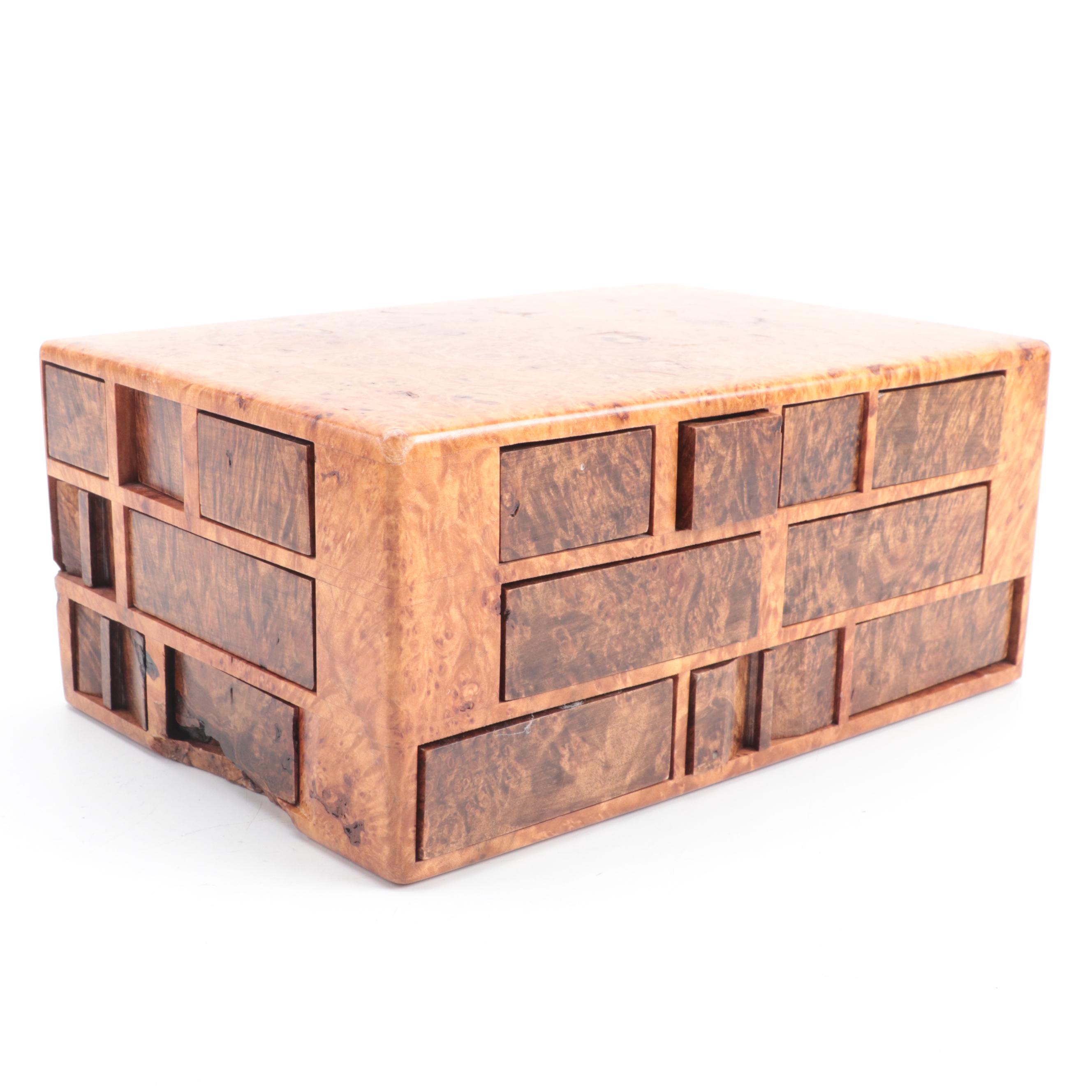 Jeff Vollmer Burl Wood "Puzzle" Jewelry Box with Other Lacquered Burl