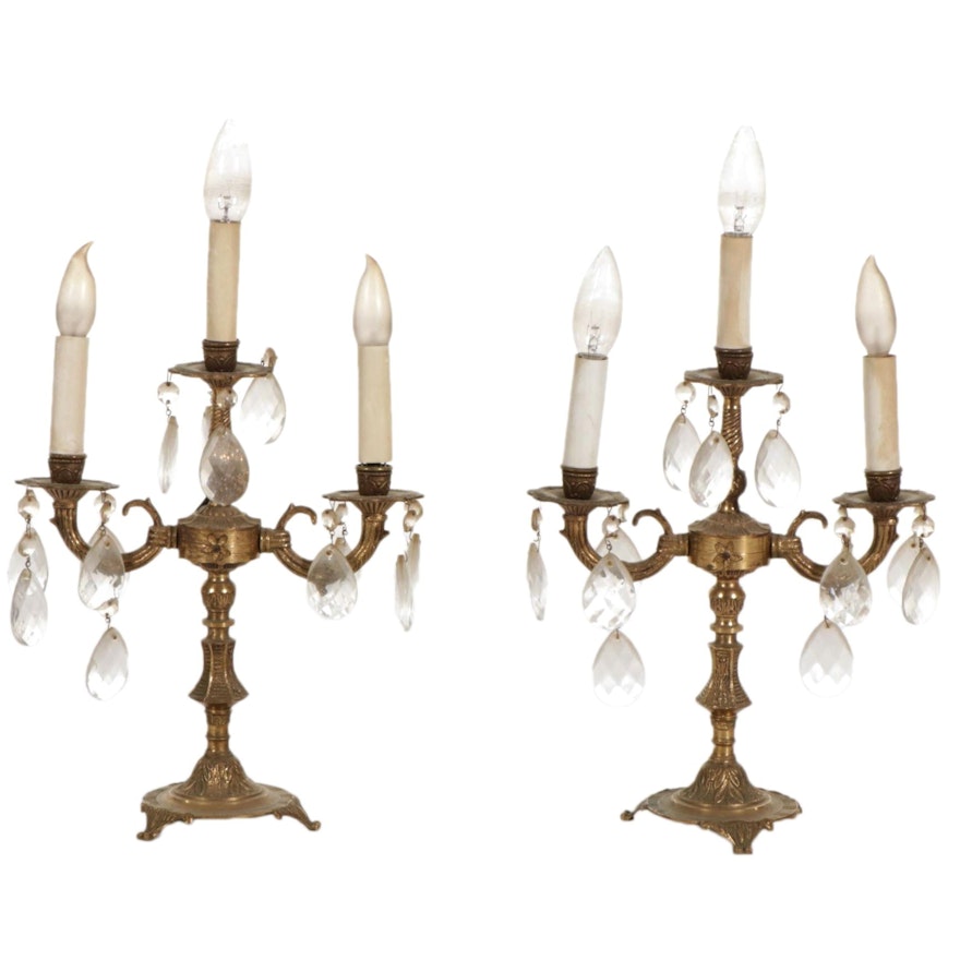 Pair of Spanish Cast Brass and Crystal Prism Electric Candelabra Table Lamps
