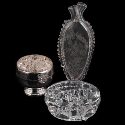 English Victorian Glass Gimmel Flask with Other Glass Flower Frogs and Urn Vase