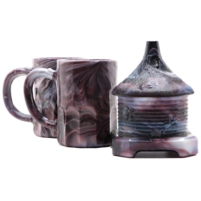 Imperial Amethyst Slag Glass Beehive Jar with Other Mugs, 20th Century