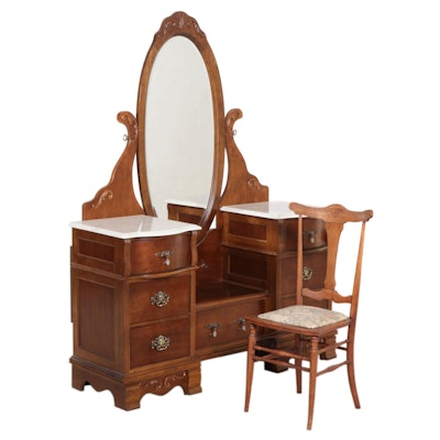 Victorian Style Walnut-Stained and Faux Marble Vanity Dresser, 21st Century