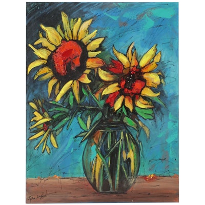 Farshad Lanjani Still Life Acrylic Painting of Sunflowers, 21st Century