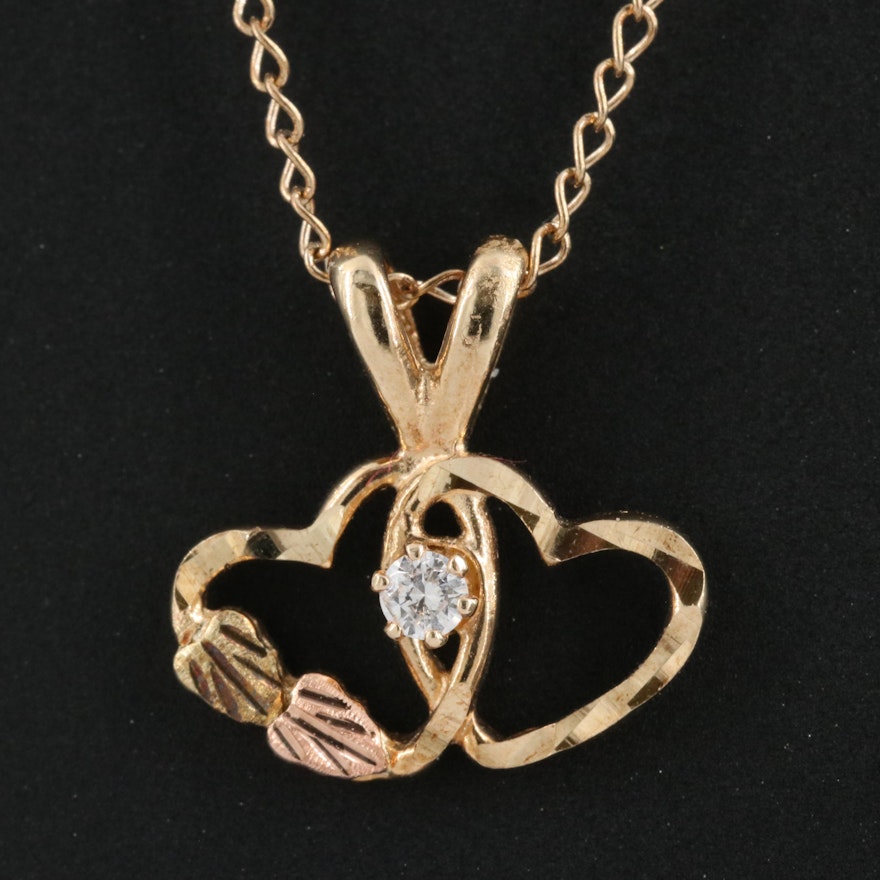 10K 0.03 CT Diamond Double Heart Pendant Necklace
