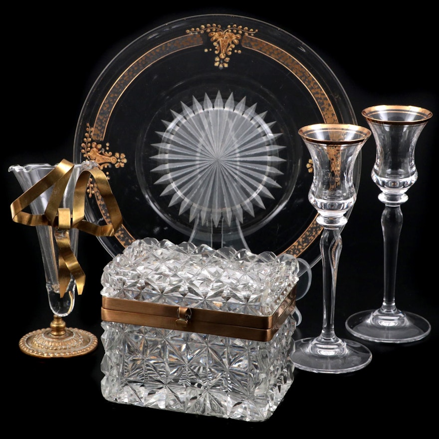 French Style Gilt Metal and Glass Casket with Other Vase and Décor