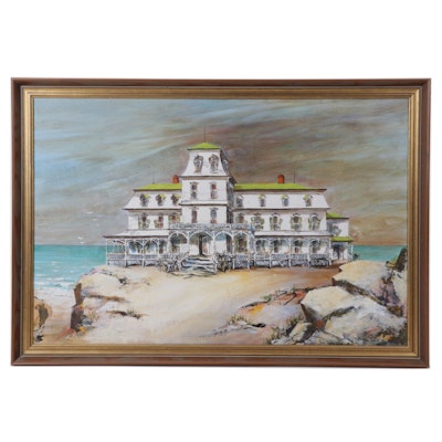 Martha E. Smith Seascape Oil Painting of Coastal Estate, 1968