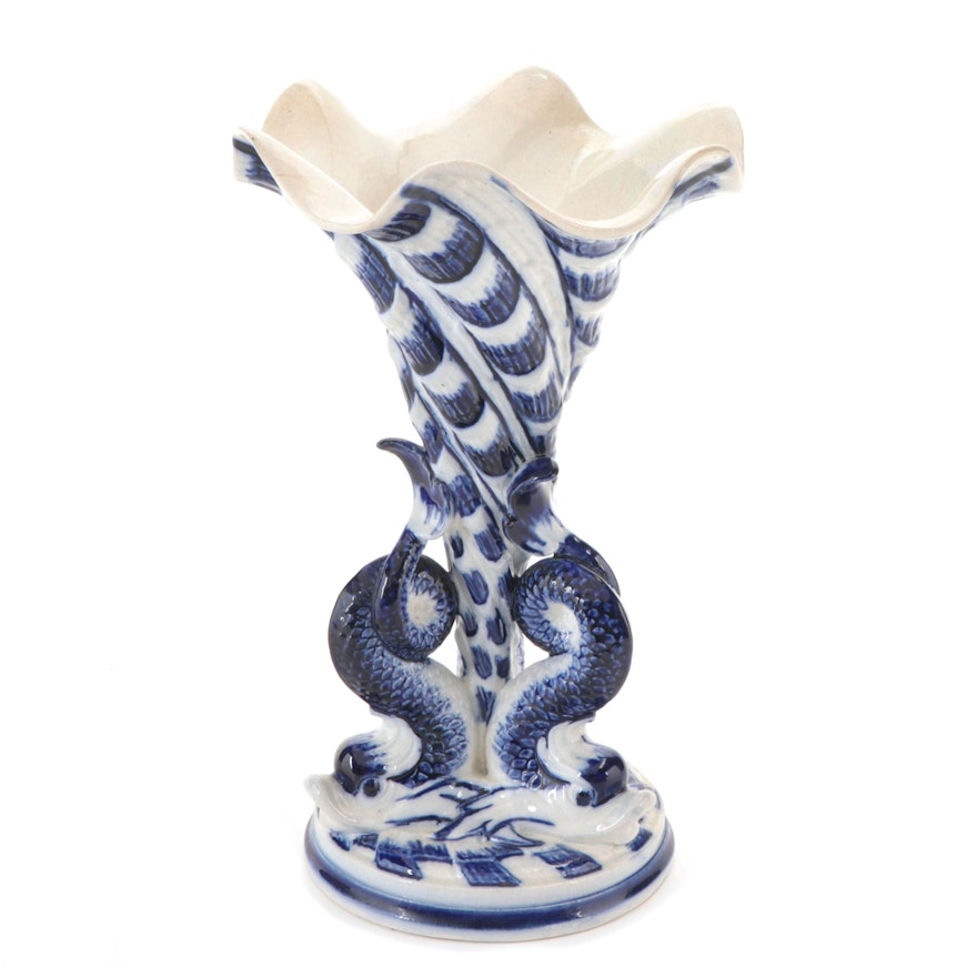 Gustavsberg Dolphin Motif Majolica Trumpet Vase, 19th Century