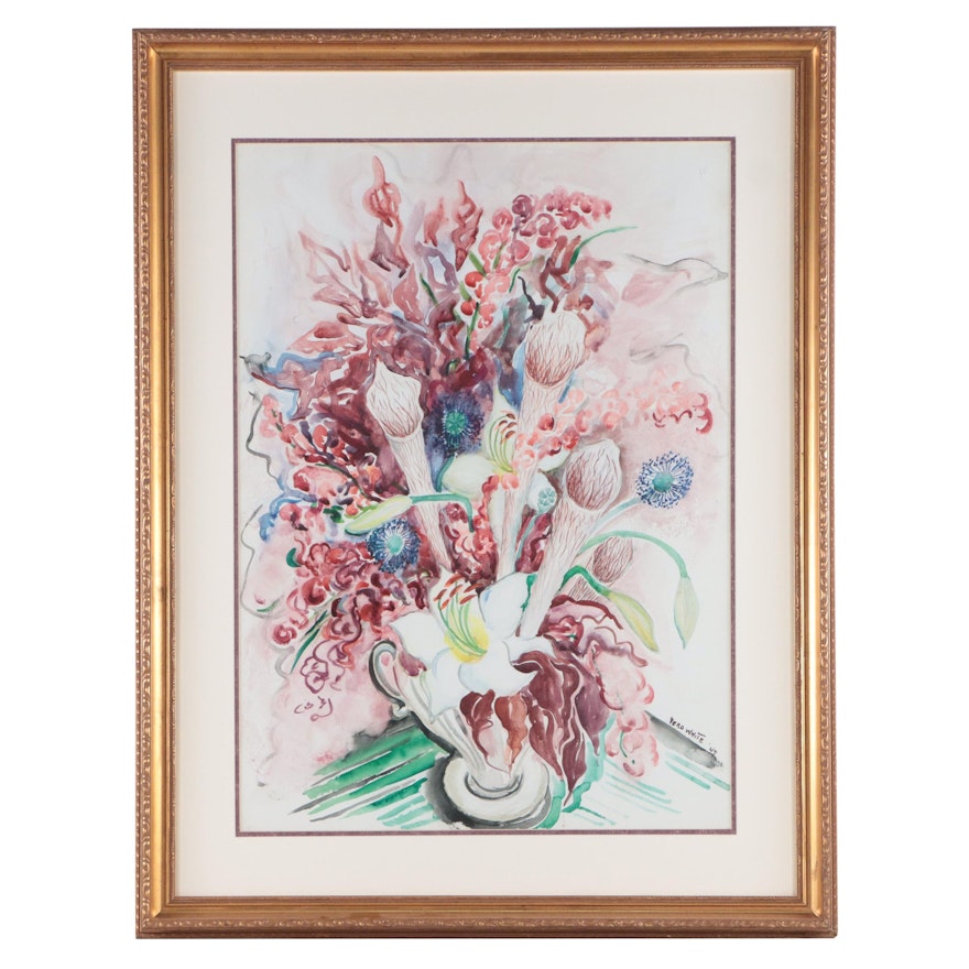Vera White Floral Still Life Watercolor Painting, 1947