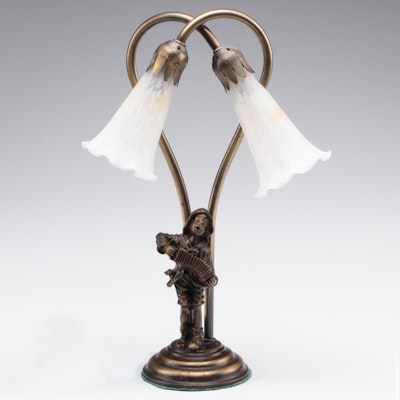 French Art Nouveau Style Boy With Accordion Figure Two-Arm Desk Lamp