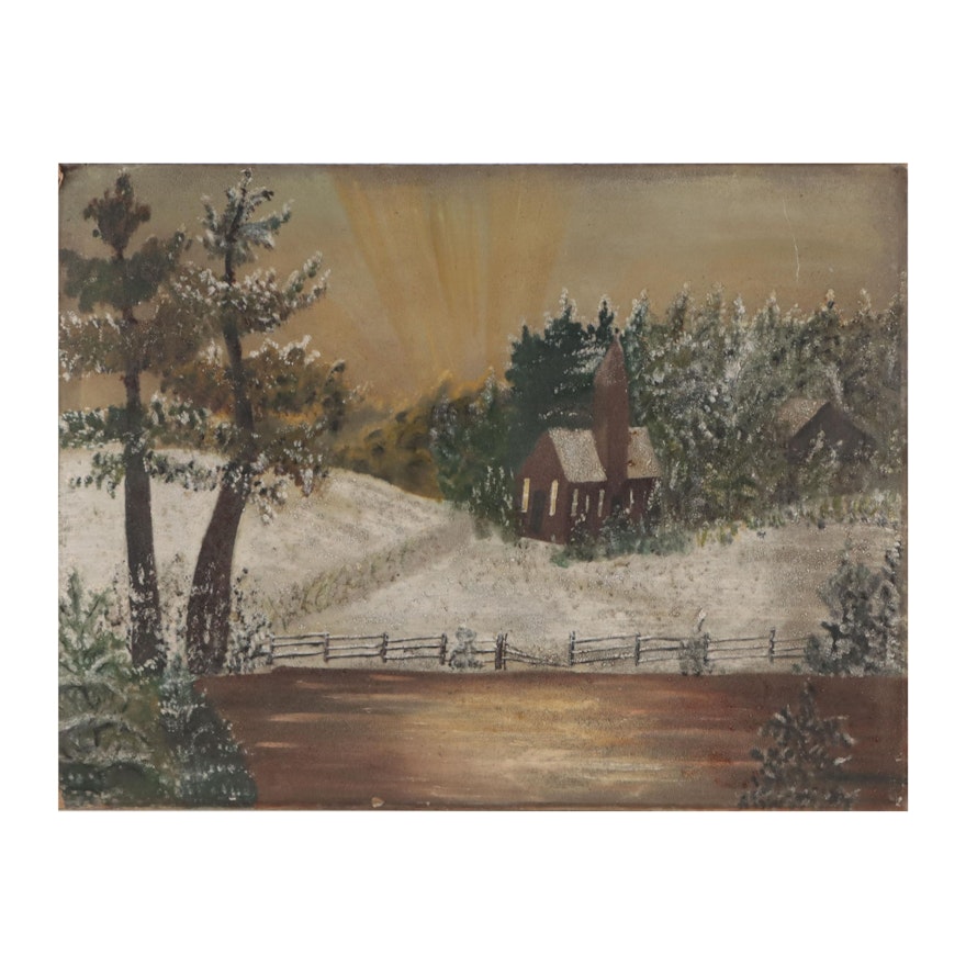 Winter Landscape Mixed Media Painting, Mid-20th Century