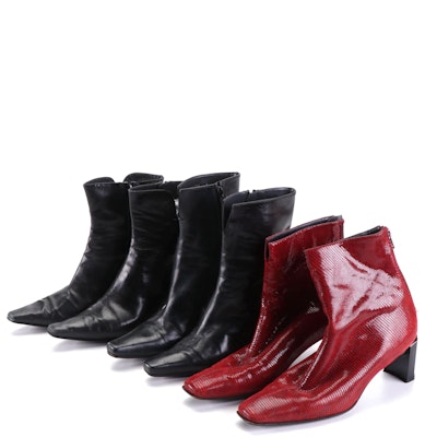 Stuart Weitzman Square Pointed Toe Leather Boots and Lizard Print Red Boots