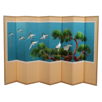 Chinese 7-Panel Screen with Embroidered Cranes and Caligraphy, Late 20th Century