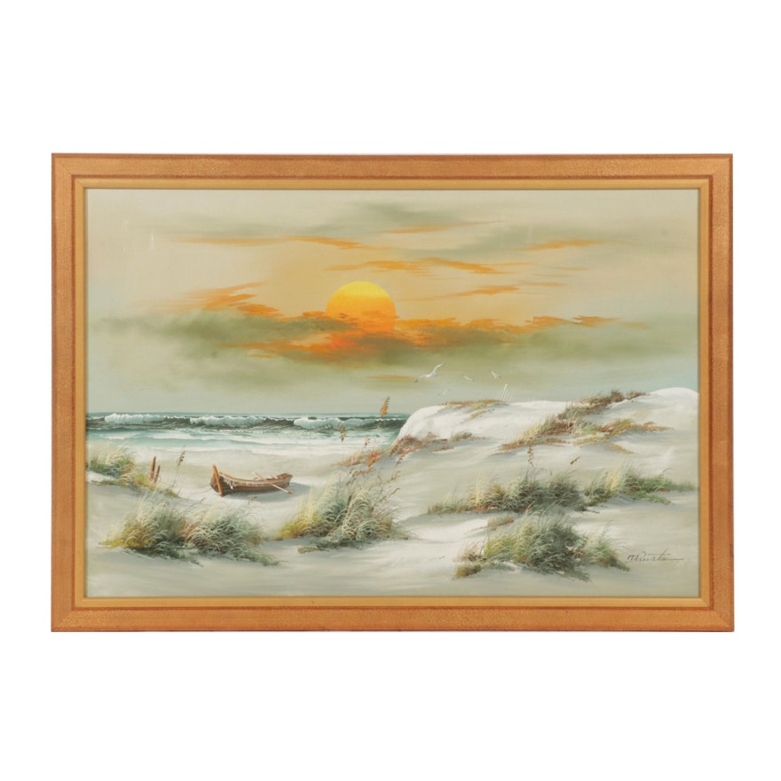 M. Roosto Seascape Oil Painting of Beached Boat at Sunset, Circa 2000